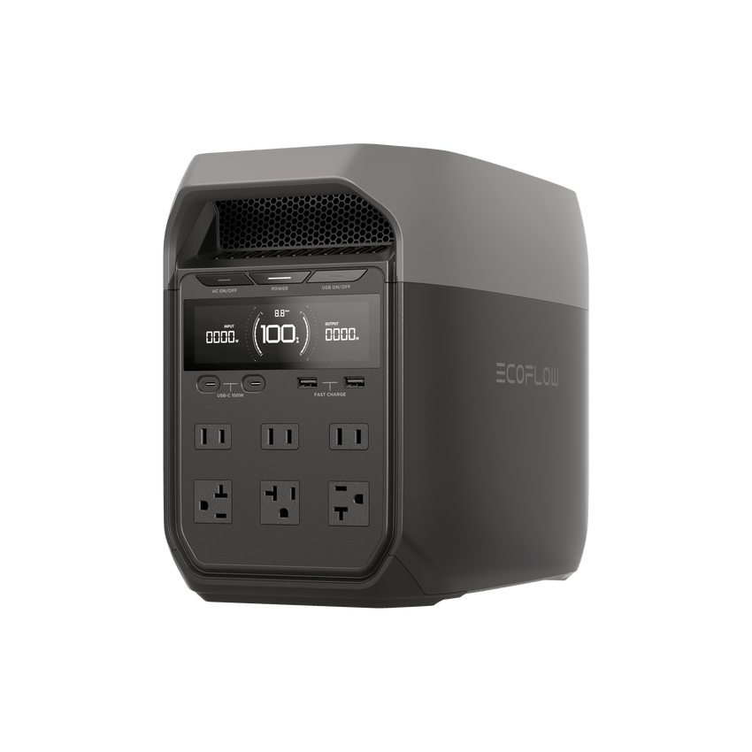 Estación de Energía Portátil Delta 3 1024Wh Litio LFP / 6 AC 1800 W (Max. 2200W) / 2 USB-C 100W / Capacidad para Aumentar Respaldo / Cargador de Coche 10A a 12.6V / Conectividad WiFi y Bluetooth (App) / Carga Solar 500W Max.