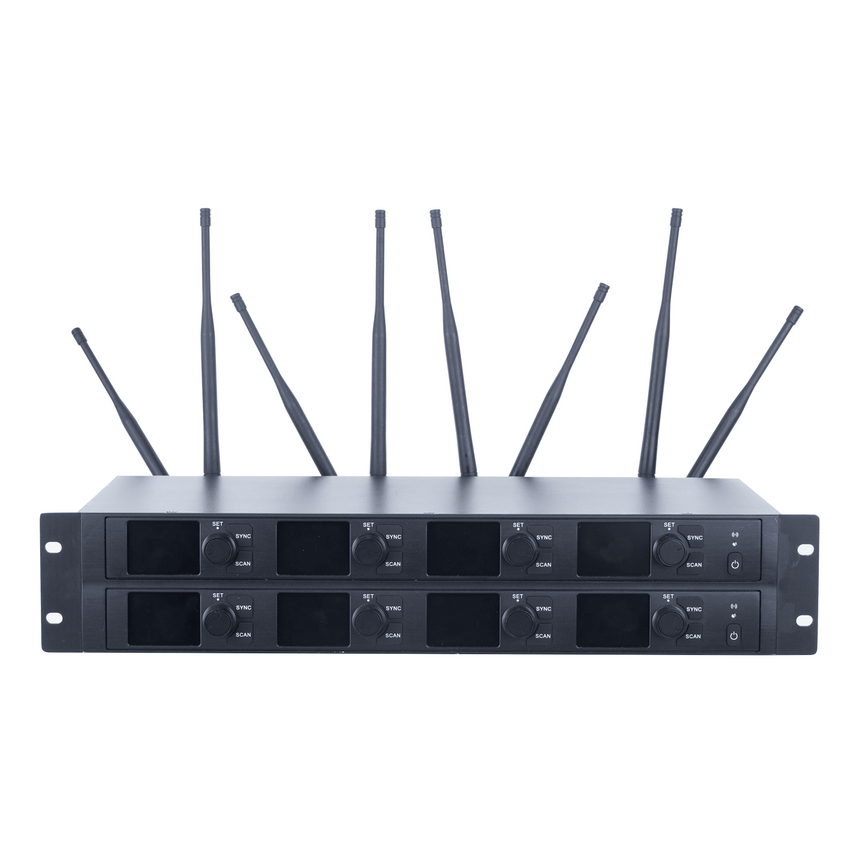 Receptor Inalámbrico | 8 Canales | Transmisión Digital U-Band 540-690 MHz | Modulación PI/4-DQPSK | Pantalla TFT-LCD 2.2" | Salida Balanceada y Desbalanceada | Encripción de Audio | Escaneo de Frecuencia