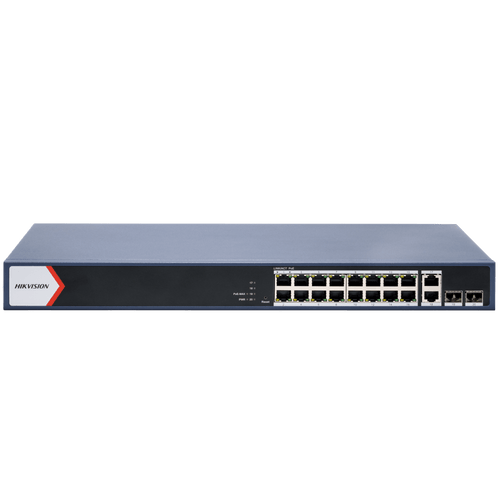 Switch Gigabit PoE+ / Monitoreable / 16 Puertos 1000 Mbps PoE+ / 2 Puerto 1000 Mbps de Uplink / 2 Puerto SFP /  Configuración Nube desde Hik-PartnerPro / Modo Extendido hasta 300 Metros / 125 Watts