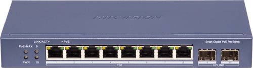 Switch PoE+ / Administrable / 8 Puertos 1000 Mbps PoE+/ 2 Puertos SFP / Configuración Nube desde Hik-PartnerPro / Modo Extendido hasta 300 Metros / 110 W