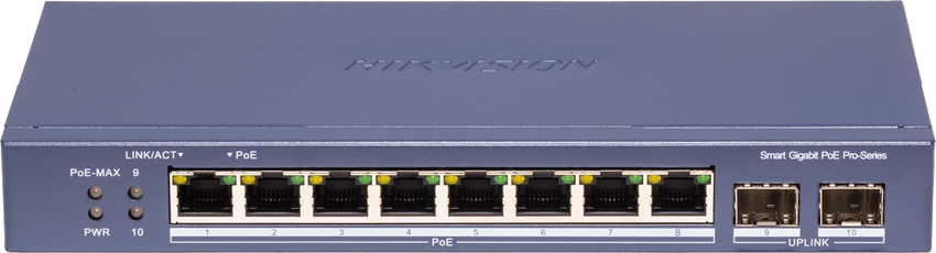 Switch PoE+ / Administrable / 8 Puertos 1000 Mbps PoE+/ 2 Puertos SFP / Configuración Nube desde Hik-PartnerPro / Modo Extendido hasta 300 Metros / 110 W