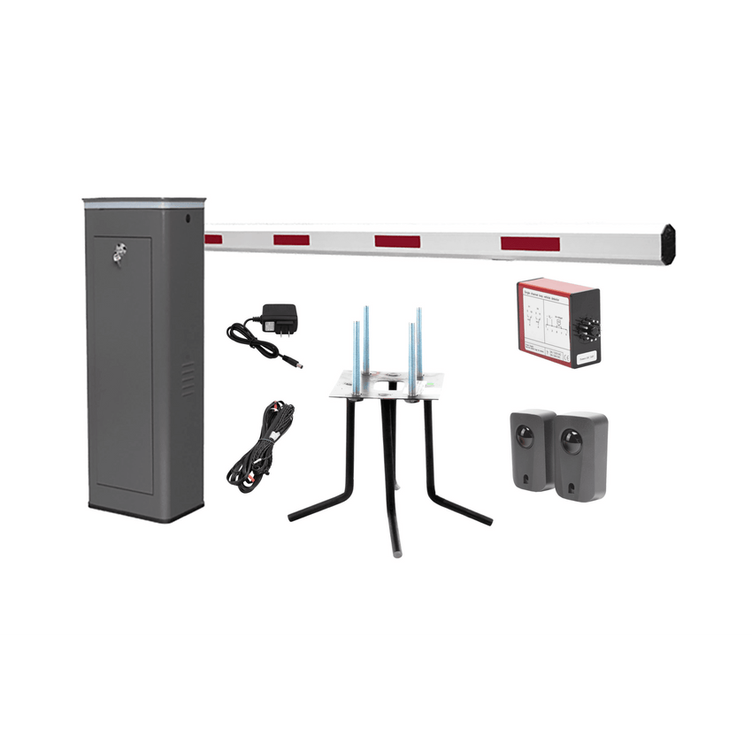 Kit COMPLETO Barrera Derecha XBF Con Corona LED / Brazo de 3M / Incluye Sensor de Masa, Transformador, Lazo Magnético, Ancla, Fotoceldas y 2 Controles Inalámbricos