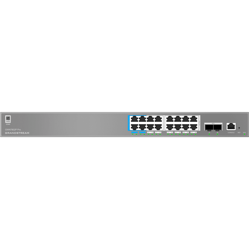 Switch de Red Empresarial L2++ / Serie GWN7800 Pro / 16 Puertos Gigabit PoE 250W / 2 Puertos SFP+ / Gestión Cloud GDMS / VLAN 4K / QoS Avanzado / Seguridad Integral