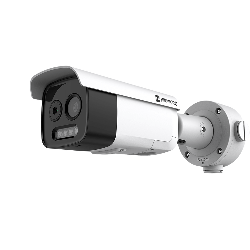 (HIKMICRO) Cámara Bala IP Bi-Espectral  / Térmica (256 X 192 / 3.6 mm) + Óptica (5 MP / 4.3 mm) / GUANLAN AI / Detección Térmica de Incendios y Humos / Medición de Temperatura -20°