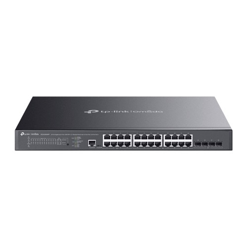 Switch L2+ Gestionado Omada / 24 Puertos Gigabit RJ45 + 4 Puertos 10G SFP+ / 16 Puertos PoE+ (30W) + 8 Puertos PoE++ (90W) / 128 Gbps Capacidad / 95.23 Mpps Forwarding / 500W PoE Budget / SDN Cloud Management