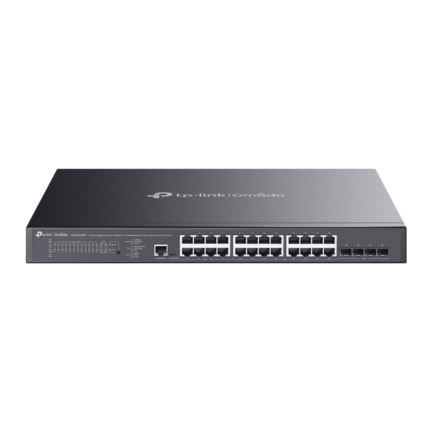Switch L2+ Gestionado Omada / 24 Puertos Gigabit RJ45 + 4 Puertos 10G SFP+ / 16 Puertos PoE+ (30W) + 8 Puertos PoE++ (90W) / 128 Gbps Capacidad / 95.23 Mpps Forwarding / 500W PoE Budget / SDN Cloud Management