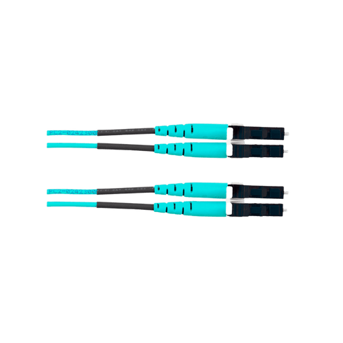 Jumper de Fibra Optica Multimodo 50/125 OM4, LC-LC Duplex, OFNR (Riser), Color Aqua, 25 Metros