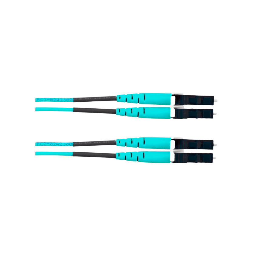 Jumper de Fibra Optica Multimodo 50/125 OM4, LC-LC Duplex, OFNR (Riser), Color Aqua, 25 Metros