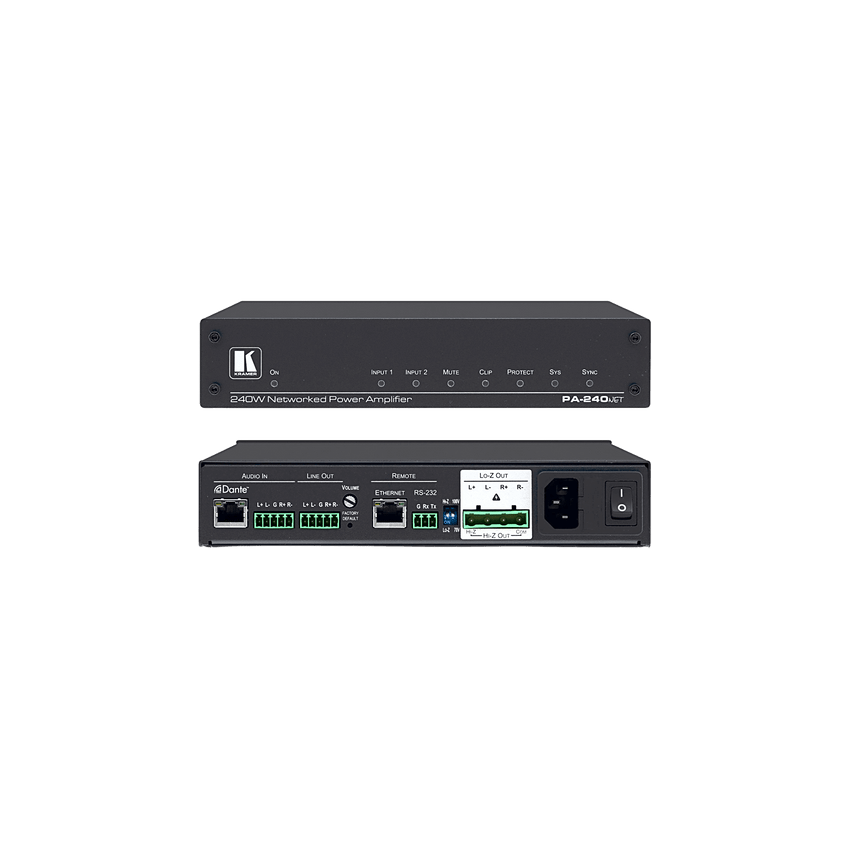 Amplificador de Potencia | 240W | Dante | Hi-Z Lo-Z Seleccionable | DSP Integrado | 32 bits 96 kHz | RS-232 IP Control