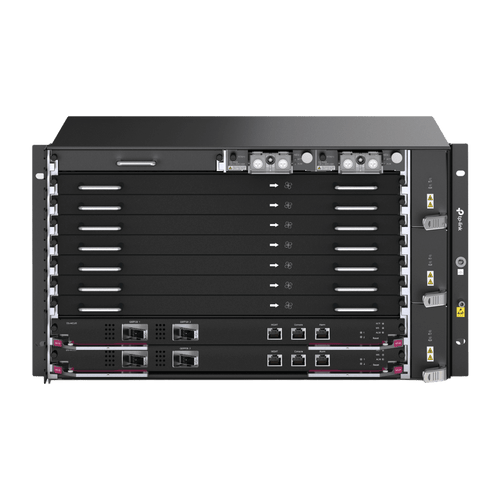 Chassis Optical Line Terminal (OLT) / 7 Slots de Servicio / 160 Gbit/s por Slot / GPON 2.5Gbps + XGS-PON 10Gbps / Gestión Centralizada DPMS / 1:256 Split Ratio / Dual Main Control Redundante / L2+L3 Avanzado