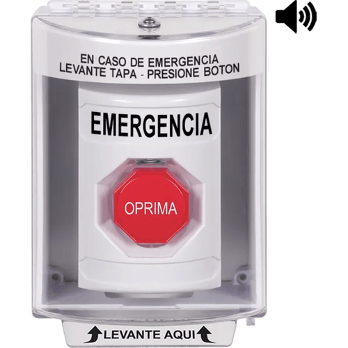 ?Botón Multipropósito, Color Blanco, De Superficie con Espaciador, C/Tapa De Policarbonato, C/Bocina Pre Alarma, Interior/Exterior, Llave Para Restablecer, Texto De Emergencia, Español