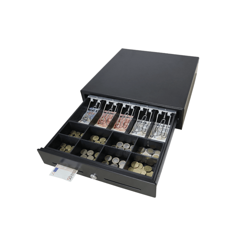 Cajón para Efectivo / Serie MK / Push Open / Insertos Ajustables Billetes y Monedas / Cubierta de Acero / Operación Manual
