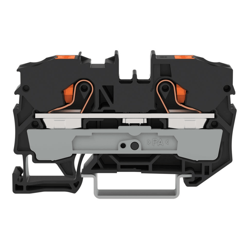 Borna de Paso Serie 2210 / Push-in CAGE CLAMP® / 2 Conductores 10 mm² / Tecla Naranja / Carril DIN 35x15 y 35x7.5 / Ex eb IIC Gb ATEX / 57A 800V / IP20 / Poliamida V0
