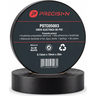 Cinta de Aislar de Vinilo PVC / Uso General / Espesor 0.13 mm (5 mil) / Ancho 19 mm / 20 m de Largo / Color Negro
