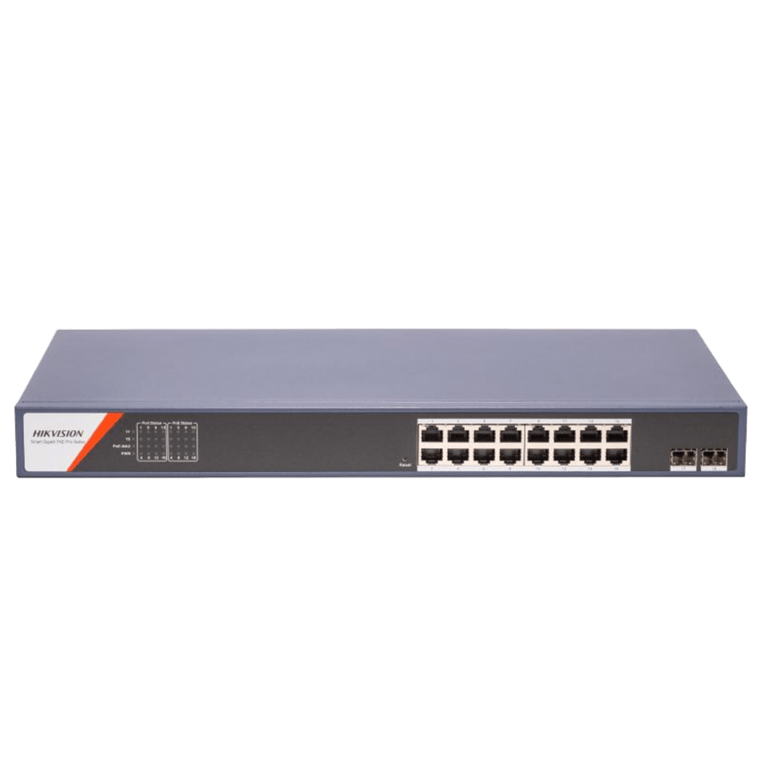 Switch PoE+ / Administrable / 16 Puertos 1000 Mbps PoE+/ 2 Puertos SFP / Configuración Nube desde Hik-PartnerPro / Modo Extendido hasta 300 Metros / 230 W