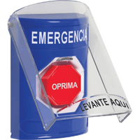 ?Botón Multipropósito, Color Azul, De Superficie, Con Tapa De Policarbonato, Sin Bocina Pre Alarma, Solo Interior, Llave Para Restablecer, Texto De Emergencia, Español