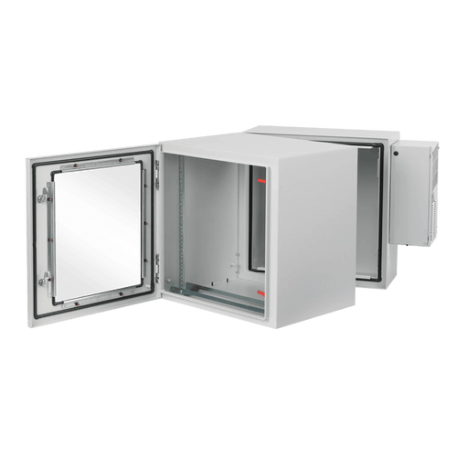 Gabinete Industrial ProTek de Puerta con Ventana, Con Aire Acondicionado de 800 BTU, Protección NEMA Tipo 4/12; IP66; IK10, Abatible, Fabricado en Acero, 19 UR, Color Gris Claro