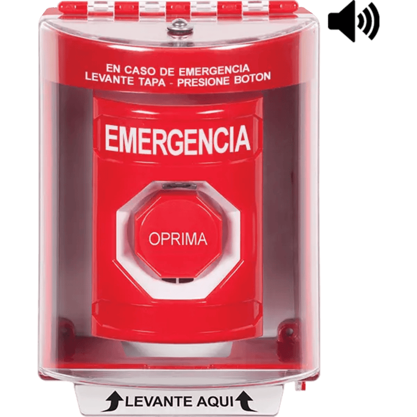 Botón Multipropósito, Color Rojo, De Superficie con Espaciador, C/Tapa De Policarbonato, C/Bocina Pre Alarma, Interior/Exterior, Llave Para Restablecer, Texto De Emergencia, Español