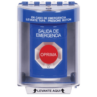 Botón Multipropósito, Color Azul, De Superficie, Con Tapa De Policarbonato, Sin Bocina, Para Interior/Exterior, Llave Para Restablecer, Texto Salida De Emergencia, Español