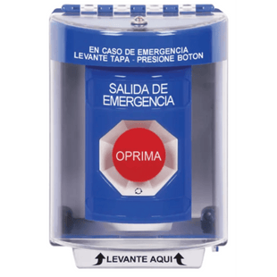 Botón Multipropósito, Color Azul, De Superficie, Con Tapa De Policarbonato, Sin Bocina, Para Interior/Exterior, Llave Para Restablecer, Texto Salida De Emergencia, Español