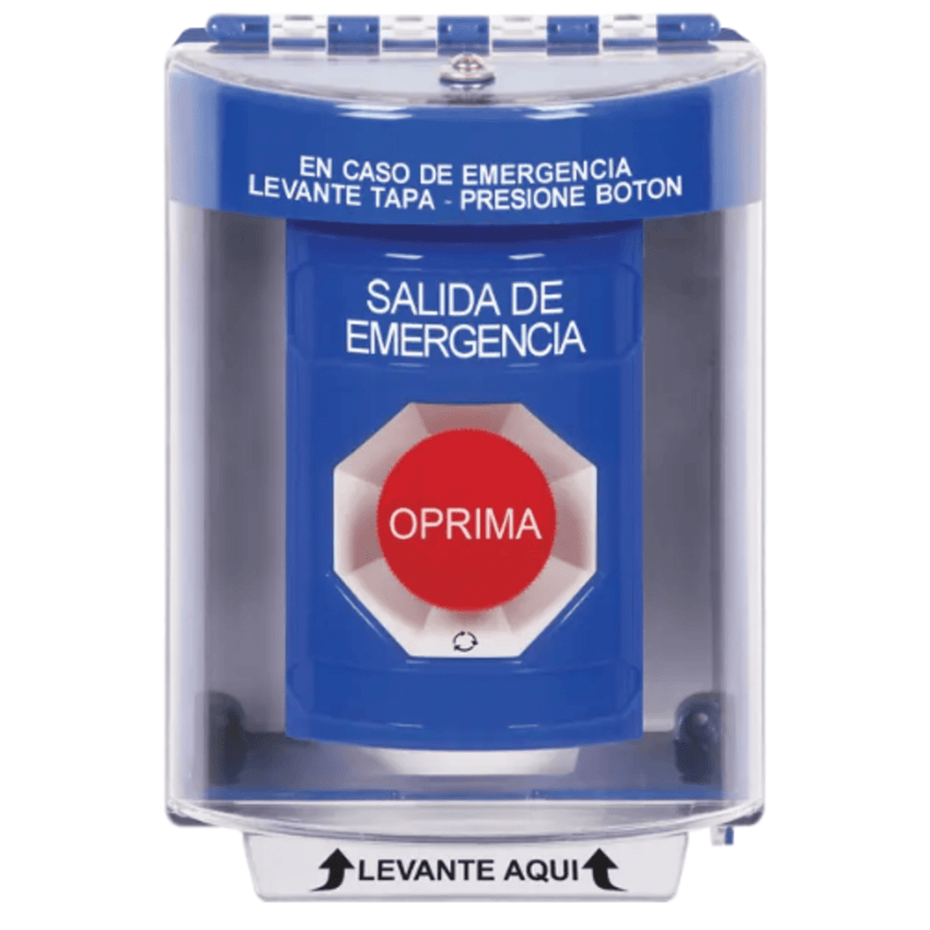 Botón Multipropósito, Color Azul, De Superficie, Con Tapa De Policarbonato, Sin Bocina, Para Interior/Exterior, Llave Para Restablecer, Texto Salida De Emergencia, Español