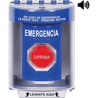 ?Botón Multipropósito, Color Azul, De Superficie con Espaciador, C/Tapa De Policarbonato, C/Bocina Pre Alarma, Interior/Exterior, Llave Para Restablecer, Texto De Emergencia, Español