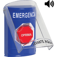 ?Botón Multipropósito, Color Azul, De Superficie, Con Tapa De Policarbonato, Con Bocina Pre Alarma, Solo Interior, Llave Para Restablecer, Texto De Emergencia, Español