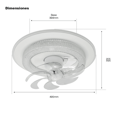Ventilador de Techo con Luminario LED de 110 V CA 50/60 Hz /  88 W / 3 Tonos de Luz (6500 - 4 000 - 2 700 K) / Con giro 360° / Diámetro 495 mm / 6 Velocidades / Dimeable.
