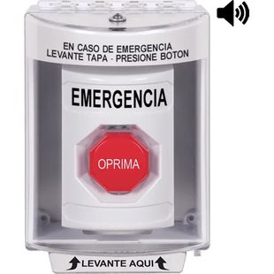 Botón Multipropósito, Color Blanco, De Superficie con Espaciador, C/Tapa De Policarbonato, C/Bocina Pre Alarma, Interior/Exterior, Llave Para Restablecer, Texto De Emergencia, Español