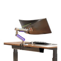 Montaje de Escritorio Ideal Para Monitores Gaming  de  32"- 60" / Capacidad de Carga Maxima 20 Kg / Vesa 75 x 75 -  100 x 100 / Acero / Giro 360° / Color Carbon Mate  con Cubierta  Plastica Color Morado /  Iluminación RGB