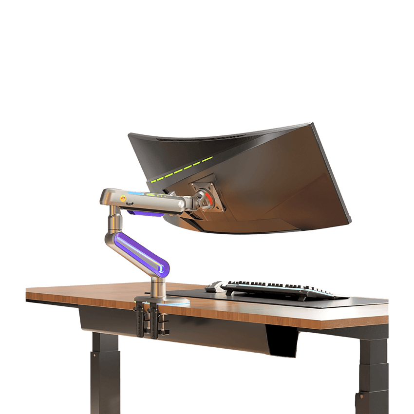 Montaje de Escritorio Ideal Para Monitores Gaming  de  32"- 60" / Capacidad de Carga Maxima 20 Kg / Vesa 75 x 75 -  100 x 100 / Acero / Giro 360° / Color Carbon Mate  con Cubierta  Plastica Color Morado /  Iluminación RGB