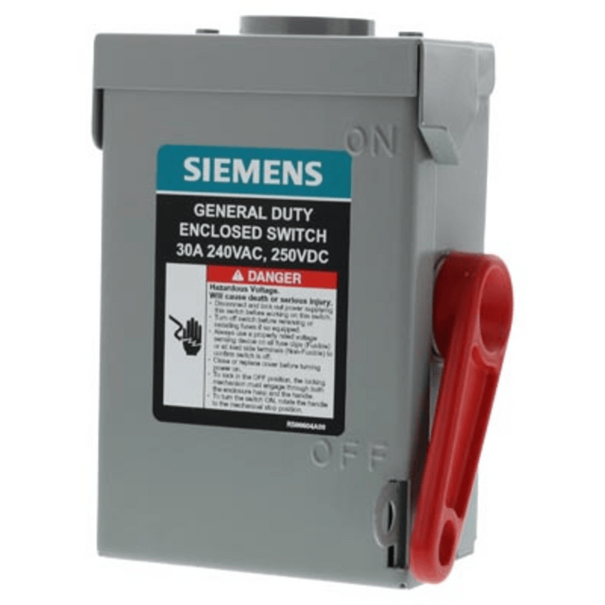 Interruptor de seguridad cerrado de doble ruptura. Interruptor de serie A, 2 polos, 2 hilos sin fusible, uso general. Nema 3R