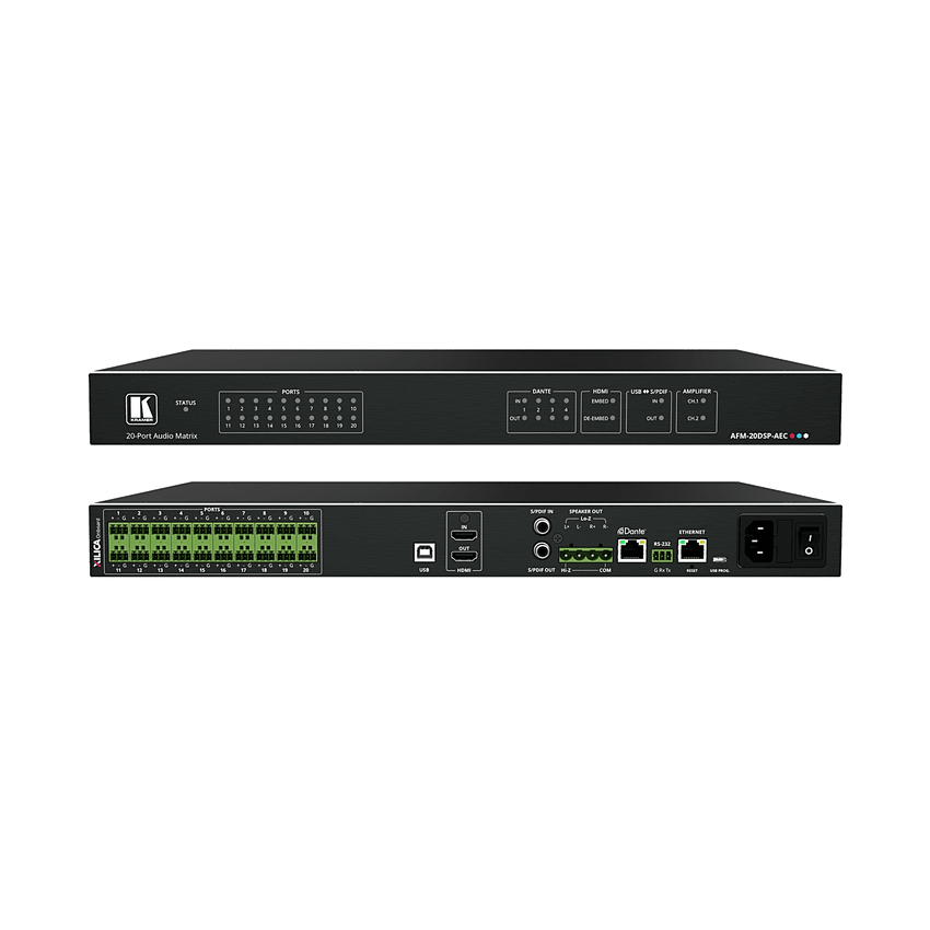 Matriz de Audio Digital | 20 Puertos Analógicos Configurables | DSP Multicanal | AEC | Amplificador 2x60W + 1x120W | Dante 4x4 | HDMI 4K60 | USB Plug & Play | Montaje Rack 1U