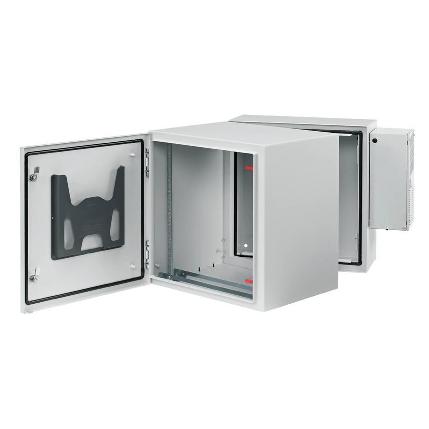 Gabinete Industrial ProTek de Puerta Sólida, Con Aire Acondicionado de 4000 BTU, Protección NEMA Tipo 4/12; IP66; IK10, Abatible, Fabricado en Acero, 19 UR, Color Gris Claro