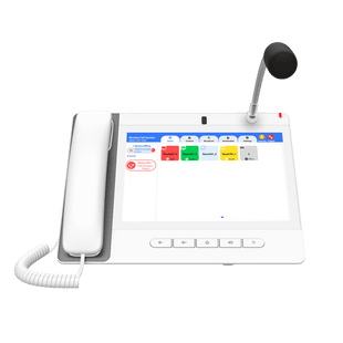 Teléfono IP Color Blanco Android 9.0 Empresarial para voceo 20 líneas SIP, pantalla táctil, Wi-Fi y Bluetooth, PoE, Voceo/ Musica por Multicast, puertos Gigabit, Sofware de Enfermeria