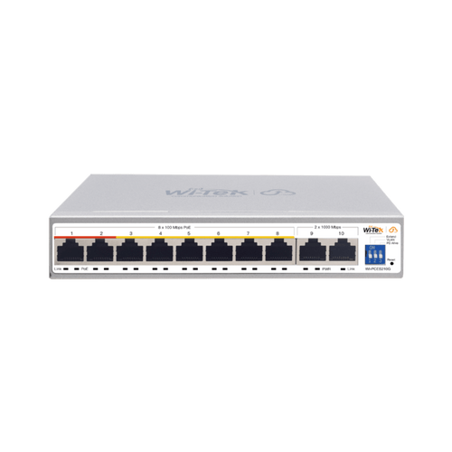 Switch PoE / Administración en la nube / Con 8 puertos 10/100 Mbsp PoE af/at / 2 Puertos Uplink 10/100/1000 Mbps /  Presupuesto 100 W / PoE hasta 250 metros / Soporta protocolo ONVIF