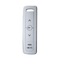 Control remoto 5 canales para motores de persiana Somfy con señal inalámbrica, instrucciones: sube, baja y detener, con posición favorita programada.