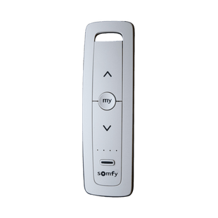 Control remoto 5 canales para motores de persiana Somfy con señal inalámbrica, instrucciones: sube, baja y detener, con posición favorita programada.