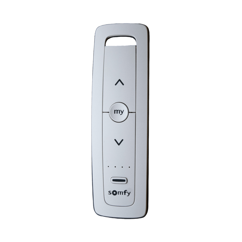 Control remoto 5 canales para motores de persiana Somfy con señal inalámbrica, instrucciones: sube, baja y detener, con posición favorita programada.