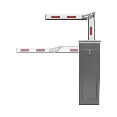 Kit de Barrera Vehicular Izquierda y Brazo ARTICULADO de 4 Metros / Finales de Carrera Ajustables por Programación / Movimiento Fluido / Diseño Elegante Color Gris / Con Corona Led Semaforizada