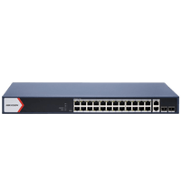 Switch Gigabit PoE+ / Administrable / 24 Puertos 1000 Mbps PoE+ / 2 Puertos 1000 Mbps Uplink  / 2 Puertos SFP Uplink / Configuración Nube Hik-Partner Pro / Modo Extendido hasta 300 Metros / 230 W