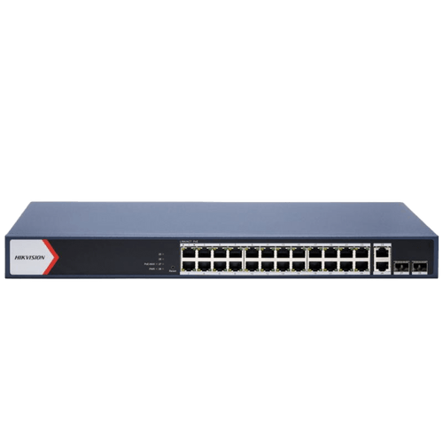 Switch Gigabit PoE+ / Administrable / 24 Puertos 1000 Mbps PoE+ / 2 Puertos 1000 Mbps Uplink  / 2 Puertos SFP Uplink / Configuración Nube Hik-Partner Pro / Modo Extendido hasta 300 Metros / 230 W