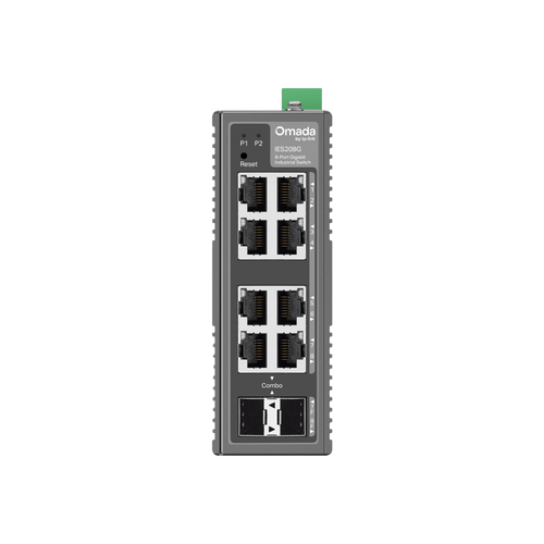 Switch Industrial Omada Easy Managed / 8 Puertos Gigabit (6× RJ45 + 2× RJ45/SFP Combo) / 16 Gbps Switching / -40°C a 75°C / Protección Rayos 6kV / Gestión Cloud / Montaje DIN Rail o Pared / IP40