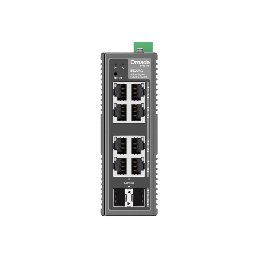 Switch Industrial Omada Easy Managed / 8 Puertos Gigabit (6× RJ45 + 2× RJ45/SFP Combo) / 16 Gbps Switching / -40°C a 75°C / Protección Rayos 6kV / Gestión Cloud / Montaje DIN Rail o Pared / IP40
