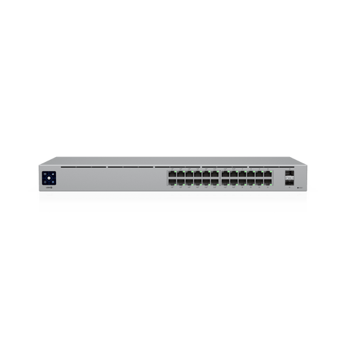 Switch UniFi Capa 2 / 24 Puertos Gigabit / 16 Puertos PoE+ 802.3af/at / 95W Total / 2 Puertos SFP 1G / Pantalla LCM / Sin Ventilador