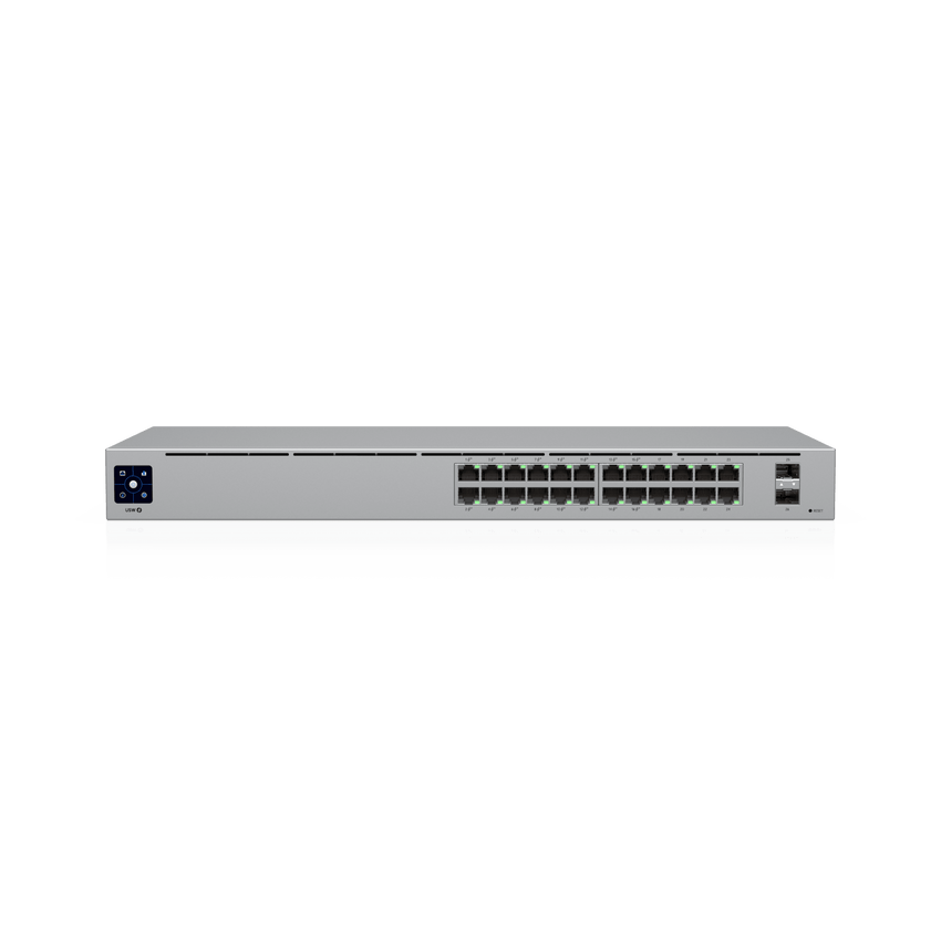 Switch UniFi Capa 2 / 24 Puertos Gigabit / 16 Puertos PoE+ 802.3af/at / 95W Total / 2 Puertos SFP 1G / Pantalla LCM / Sin Ventilador