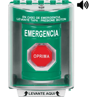 ?Botón Multipropósito, Color Verde, De Superficie con Espaciador, C/Tapa De Policarbonato, C/Bocina Pre Alarma, Interior/Exterior, Llave Para Restablecer, Texto De Emergencia, Español
