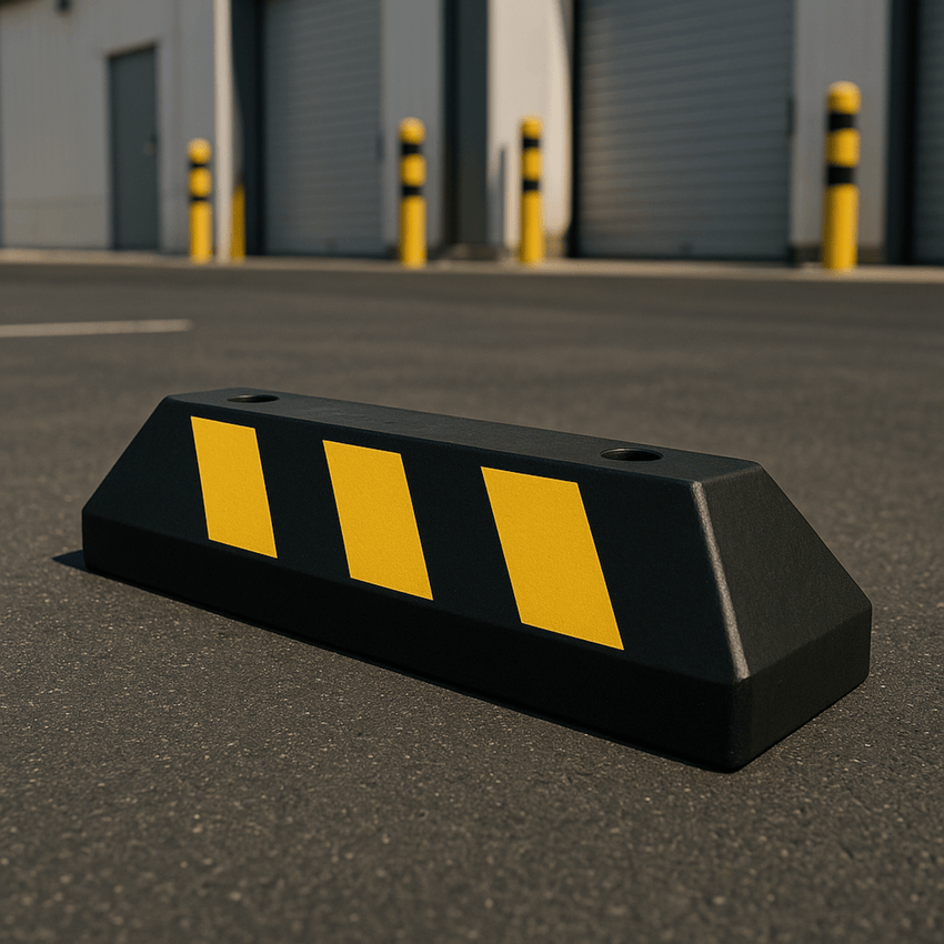 Tope D/ Estacionamiento Vehicular / Hule Reciclado / 55cm / Color Negro con Franjas Amarillas / Resistente y Antideslizante.