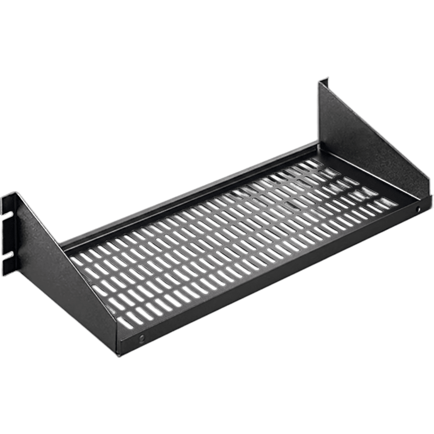 Charola para Rack 19 Pulgadas, Capacidad de Carga 34 kg, Base Ventilada, Acero Dulce Color Negro, 2 UR, Dimensiones 482x381x95 mm
