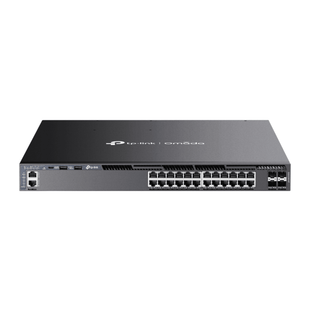 Switch Omada L3 SDN Administrable / 24 puertos PoE af/at Gigabit y 4 puertos SFP+ / Presupuesto PoE 720W / Funciones RIP, VRRP, Servidor DHCP / Administración centralizada OMADA / Fuente Redundante